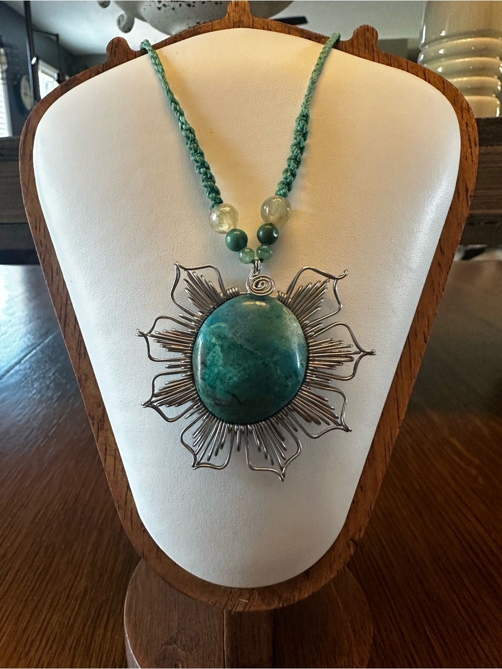 Hand Crafted Turquoise Sunflower Pendant Necklace in Green and Silver